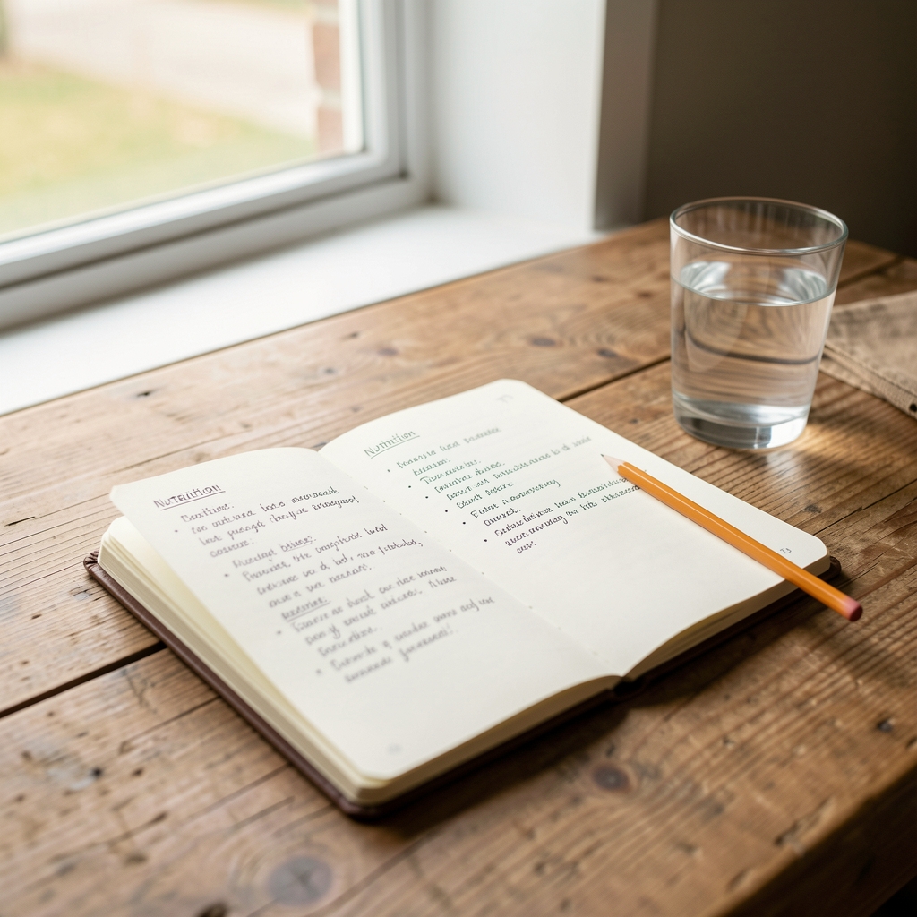 Notebook open on a wooden desk with handwritten nutrition notes, a pencil and glass of water in soft morning daylight through a window
