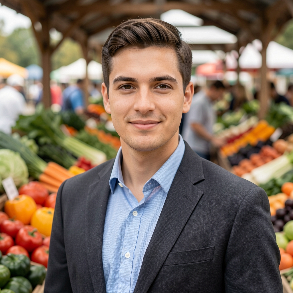 Portrait of Tobias Whitfield, guest contributing writer, standing in a farmers market environment surrounded by seasonal vegetables